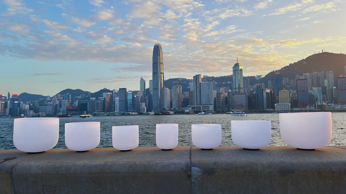 Ananda Frosted White Singing Bowls with Hong Kong Victoria Harbour